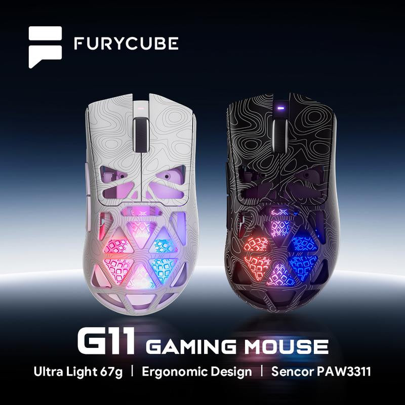 FURYUBE G11 Skeleton Wireless Gaming Mouse Light-Weight PAW3311 Mouse RGB Glow Mouse 2.4G Bluetooth Long Battery Life Laptop Desktop Computer Knob Function Fire Key Gaming Mouse Tiktokshop Blackfriday Christmas Gift